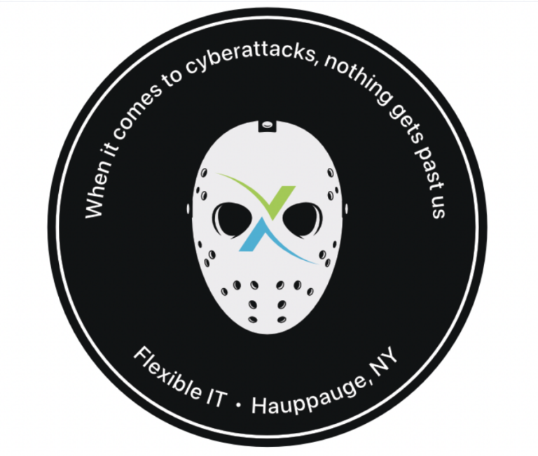 A black circular logo features a white hockey mask with a blue and green "X" design, surrounded by the text: "When it comes to cyberattacks, nothing gets past us. Flexible IT • Hauppauge, NY.